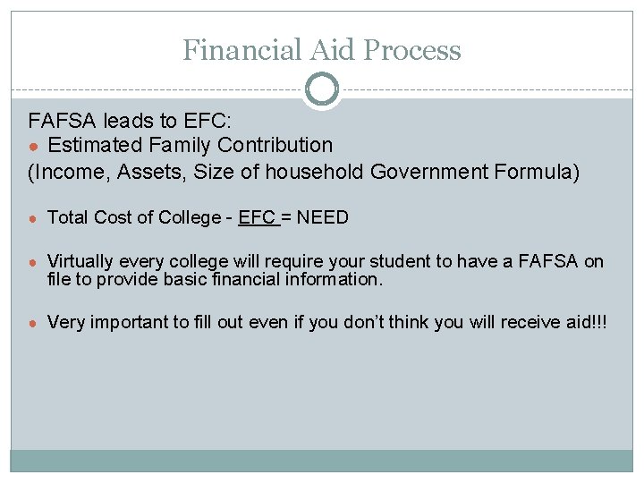 Financial Aid Process FAFSA leads to EFC: ● Estimated Family Contribution (Income, Assets, Size