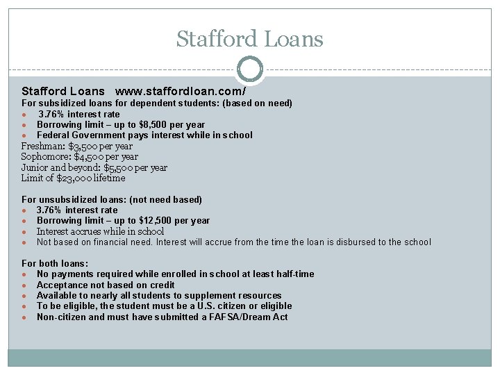 Stafford Loans www. staffordloan. com/ For subsidized loans for dependent students: (based on need)