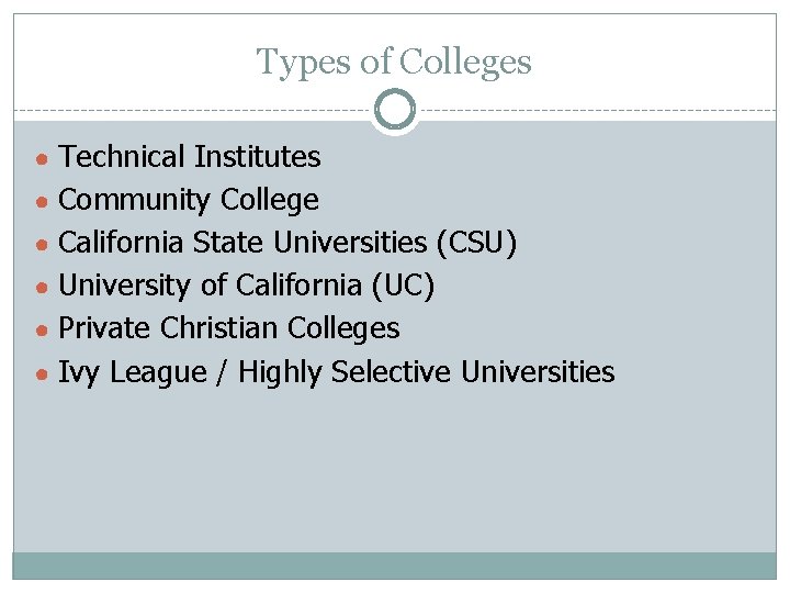 Types of Colleges ● Technical Institutes ● Community College ● California State Universities (CSU)