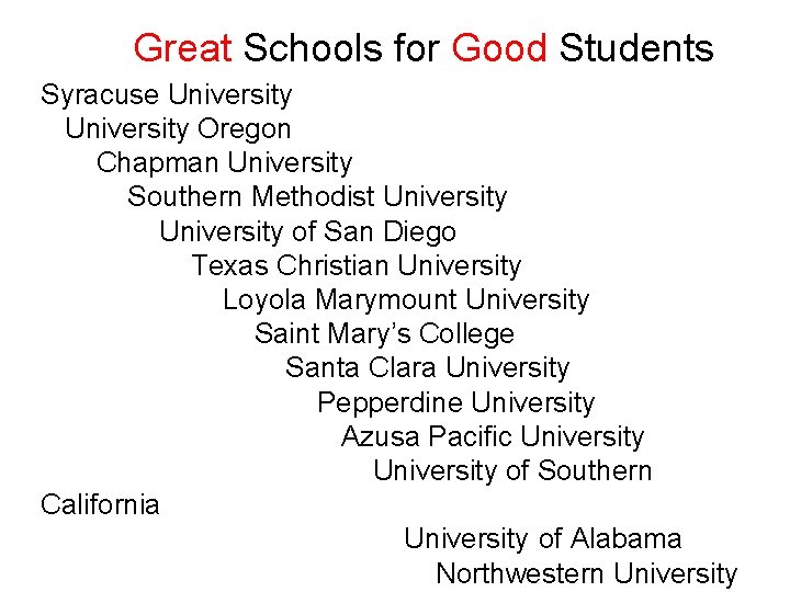  Great Schools for Good Students Syracuse University Oregon Chapman University Southern Methodist University