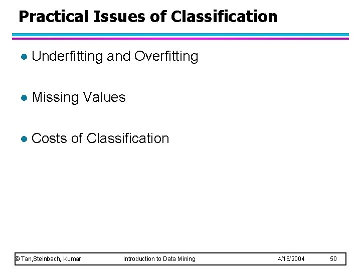 Practical Issues of Classification l Underfitting and Overfitting l Missing Values l Costs of