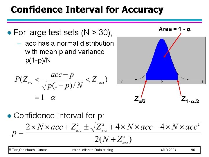 Confidence Interval for Accuracy l Area = 1 - For large test sets (N