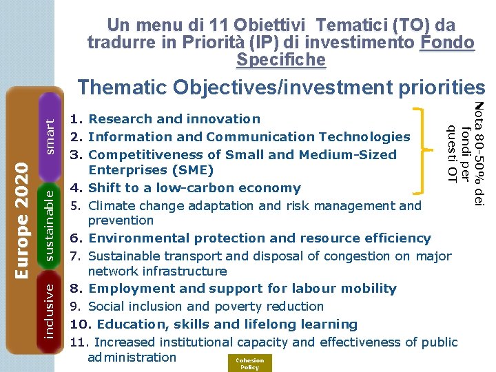 Un menu di 11 Obiettivi Tematici (TO) da tradurre in Priorità (IP) di investimento