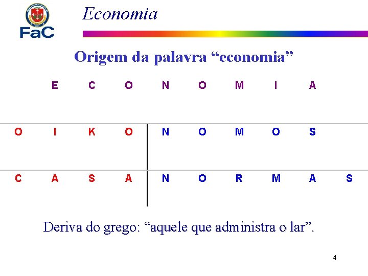 Economia Origem da palavra “economia” E C O N O M I A O