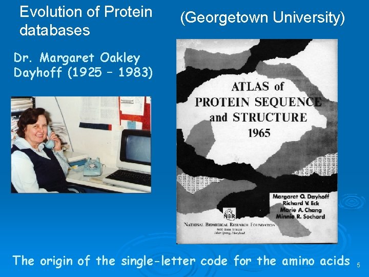 Evolution of Protein databases (Georgetown University) Dr. Margaret Oakley Dayhoff (1925 – 1983) The