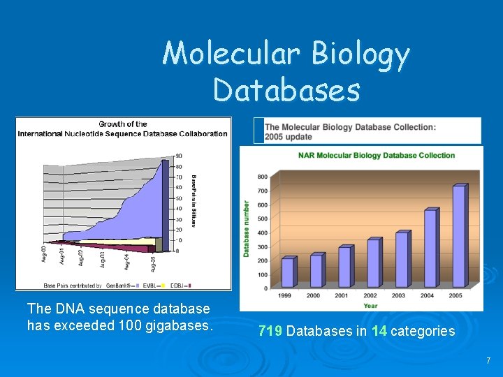 Molecular Biology Databases The DNA sequence database has exceeded 100 gigabases. 719 Databases in