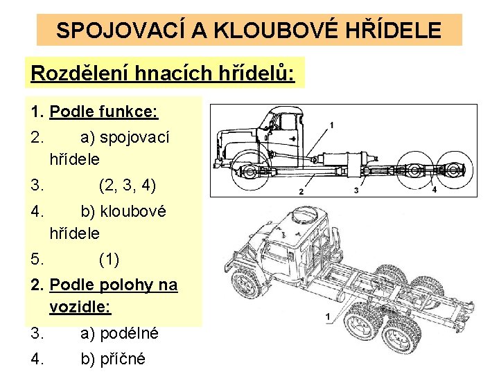 SPOJOVACÍ A KLOUBOVÉ HŘÍDELE Rozdělení hnacích hřídelů: 1. Podle funkce: 2. 3. 4. 5.