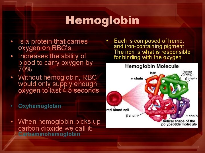 Hemoglobin • Is a protein that carries oxygen on RBC’s. • Increases the ability