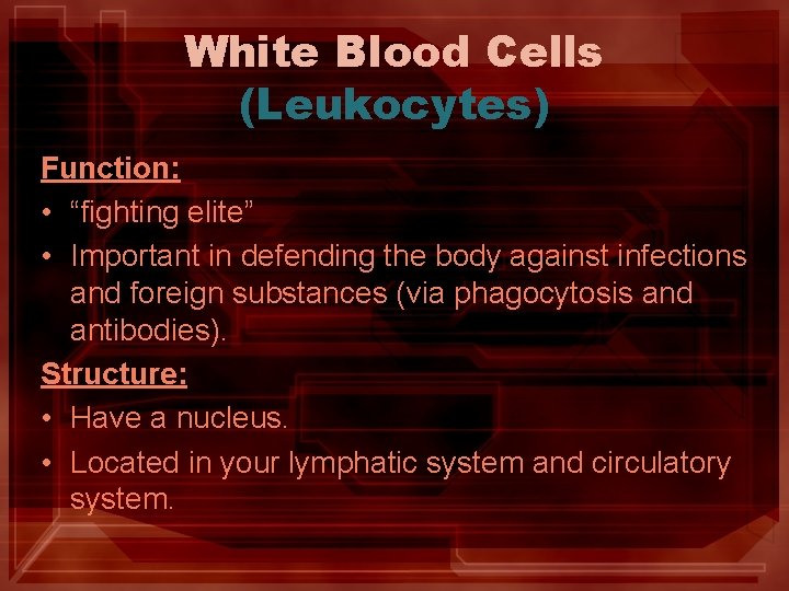 White Blood Cells (Leukocytes) Function: • “fighting elite” • Important in defending the body