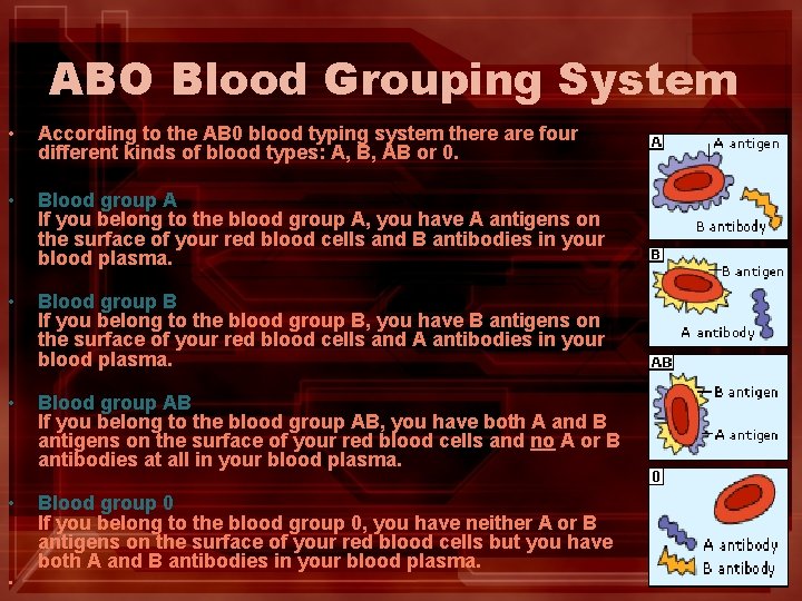 ABO Blood Grouping System • According to the AB 0 blood typing system there