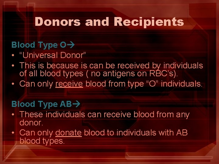 Donors and Recipients Blood Type O • “Universal Donor” • This is because is