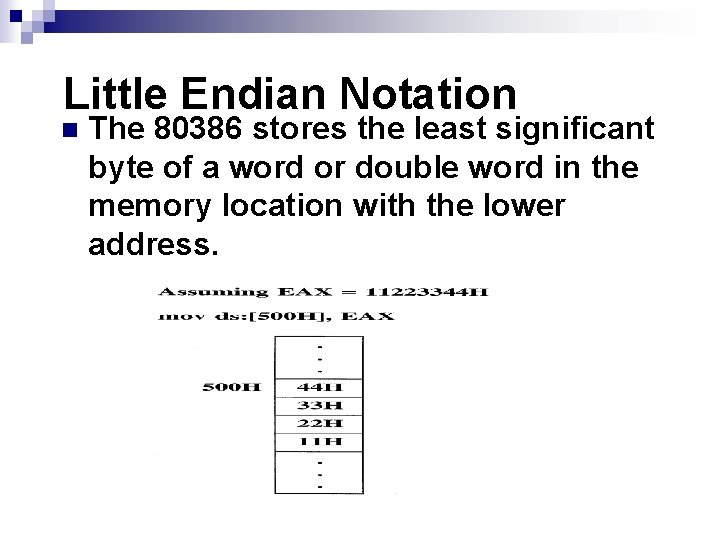 Little Endian Notation n The 80386 stores the least significant byte of a word