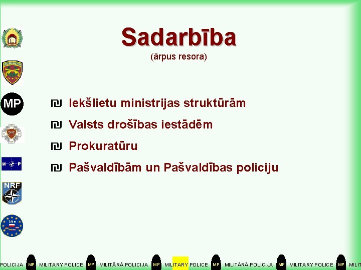 Sadarbība (ārpus resora) MP ₪ ₪ Iekšlietu ministrijas struktūrām Valsts drošības iestādēm Prokuratūru Pašvaldībām