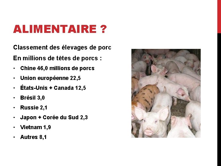 ALIMENTAIRE ? Classement des élevages de porc En millions de têtes de porcs :