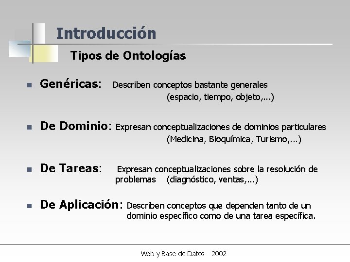 Introducción Tipos de Ontologías n Genéricas: n De Dominio: Expresan conceptualizaciones de dominios particulares