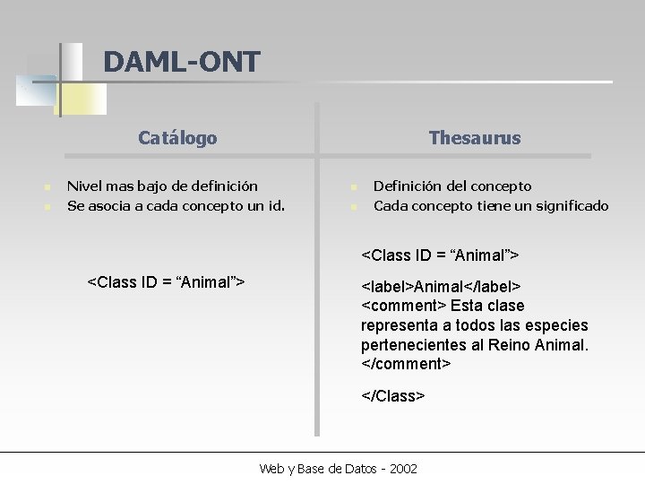 DAML-ONT Catálogo n n Thesaurus Nivel mas bajo de definición Se asocia a cada