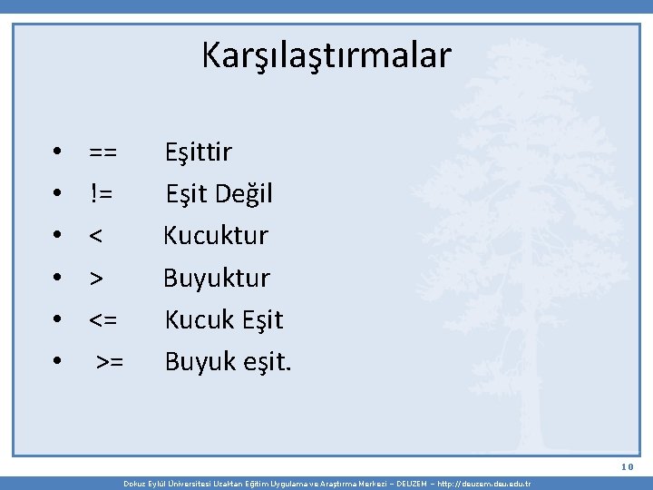 Karşılaştırmalar • • • == Eşittir != Eşit Değil < Kucuktur > Buyuktur <=