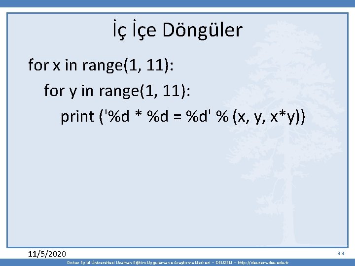 İç İçe Döngüler for x in range(1, 11): for y in range(1, 11): print