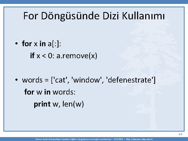 For Döngüsünde Dizi Kullanımı • for x in a[: ]: if x < 0: