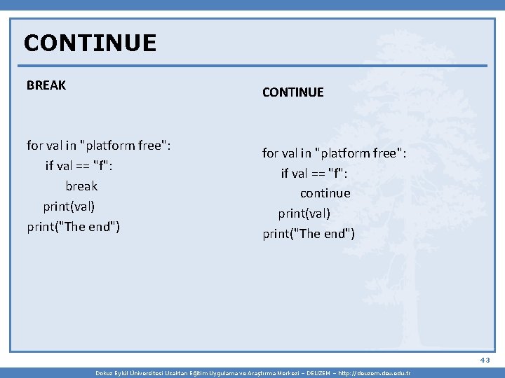 CONTINUE BREAK CONTINUE for val in "platform free": if val == "f": break print(val)
