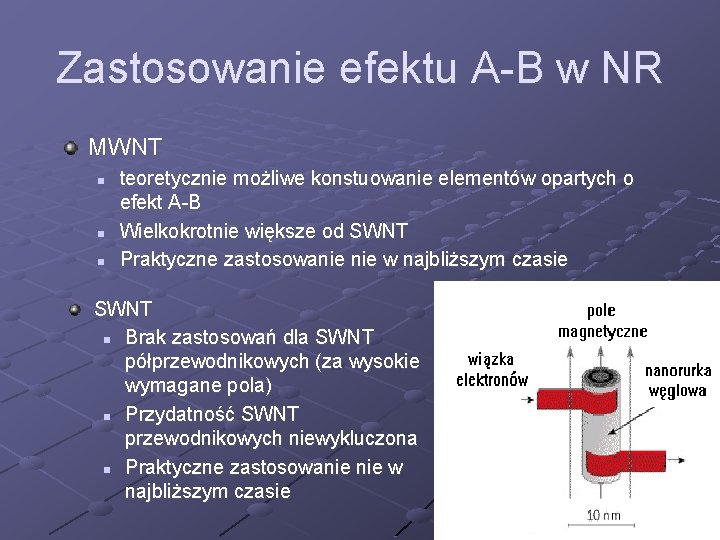 Zastosowanie efektu A-B w NR MWNT n n n teoretycznie możliwe konstuowanie elementów opartych