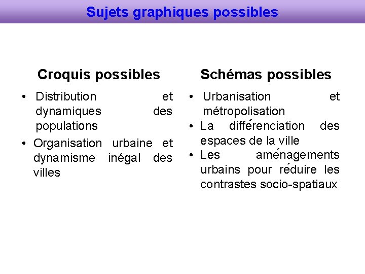 Sujets graphiques possibles Croquis possibles Schémas possibles • Distribution et dynamiques des populations •