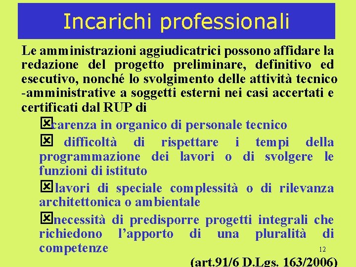 Incarichi professionali Le amministrazioni aggiudicatrici possono affidare la redazione del progetto preliminare, definitivo ed