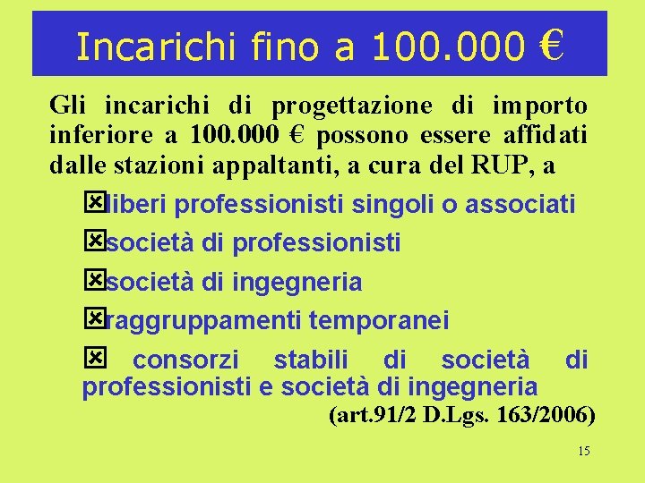 Incarichi fino a 100. 000 € Gli incarichi di progettazione di importo inferiore a