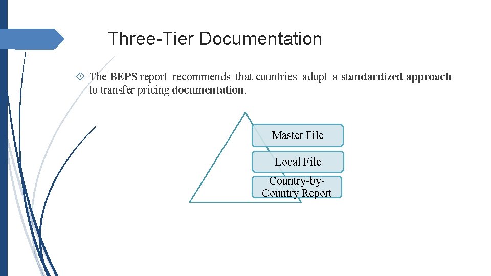 Three-Tier Documentation The BEPS report recommends that countries adopt a standardized approach to transfer