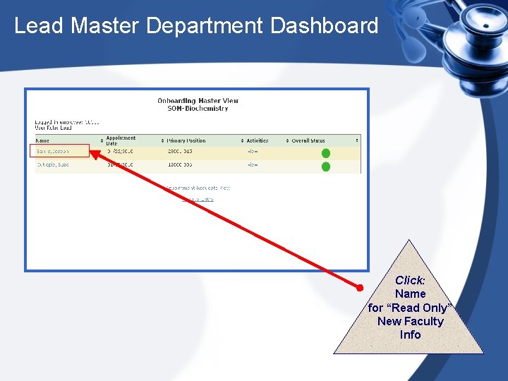 Lead Master Department Dashboard Click: Name for “Read Only” New Faculty Info 