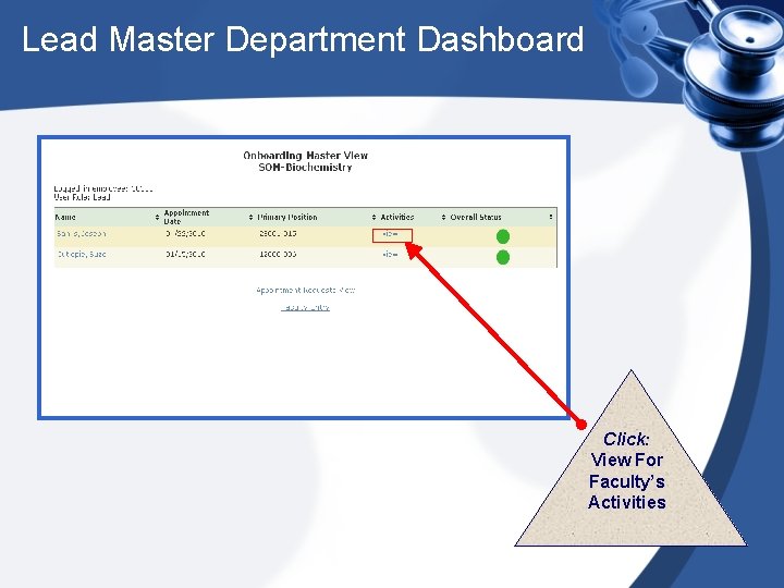 Lead Master Department Dashboard Click: View For Faculty’s Activities 