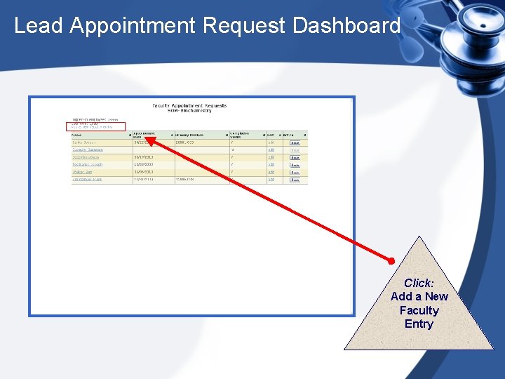 Lead Appointment Request Dashboard Click: Add a New Faculty Entry 