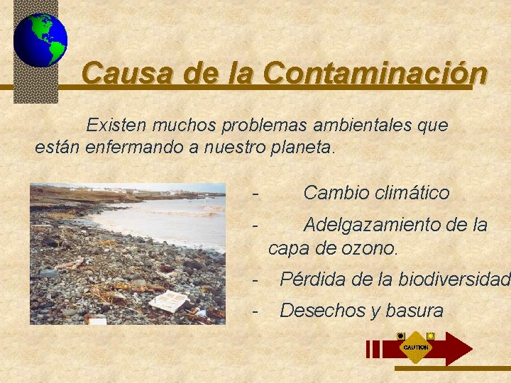  Causa de la Contaminación Existen muchos problemas ambientales que están enfermando a nuestro
