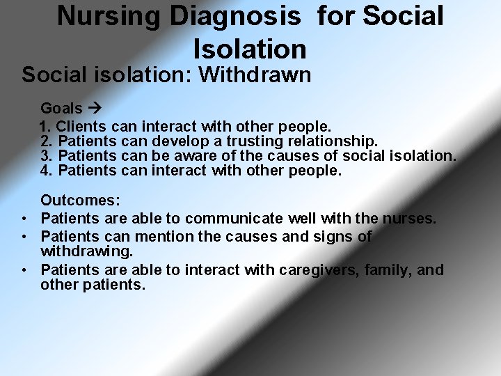Nursing Diagnosis for Social Isolation Social isolation: Withdrawn Goals 1. Clients can interact with