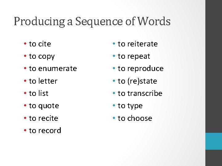 Producing a Sequence of Words • to cite • to copy • to enumerate