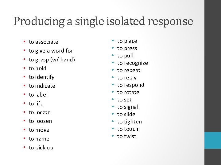 Producing a single isolated response • • • • to associate to give a