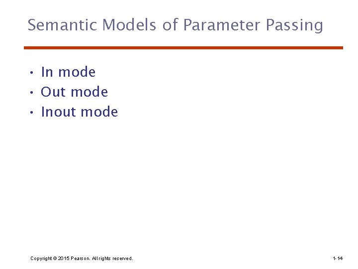 Semantic Models of Parameter Passing • In mode • Out mode • Inout mode