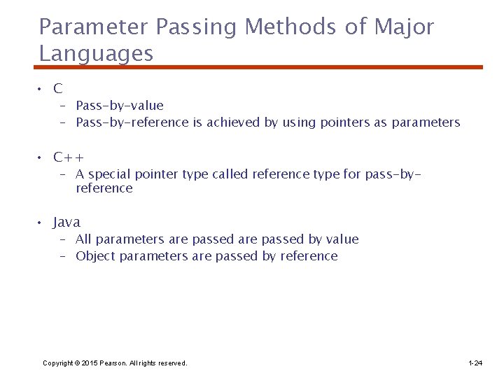 Parameter Passing Methods of Major Languages • C – Pass-by-value – Pass-by-reference is achieved