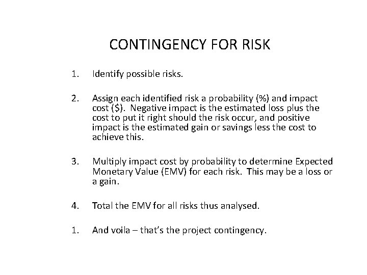  CONTINGENCY FOR RISK 1. Identify possible risks. 2. Assign each identified risk a