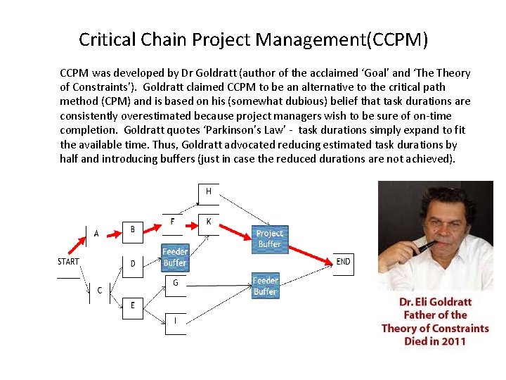 Critical Chain Project Management(CCPM) CCPM was developed by Dr Goldratt (author of the acclaimed