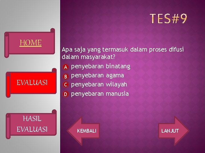 HOME EVALUASI HASIL EVALUASI Apa saja yang termasuk dalam proses difusi dalam masyarakat? A