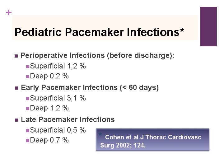 + Pediatric Pacemaker Infections* n Perioperative Infections (before discharge): n. Superficial 1, 2 %