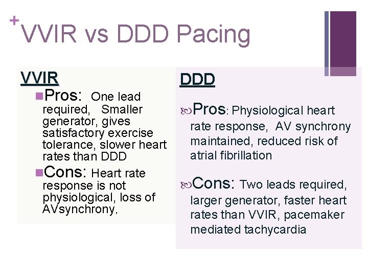 + VVIR vs DDD Pacing VVIR n. Pros: One lead required, Smaller generator, gives