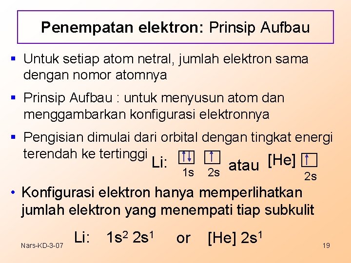 Penempatan elektron: Prinsip Aufbau § Untuk setiap atom netral, jumlah elektron sama dengan nomor