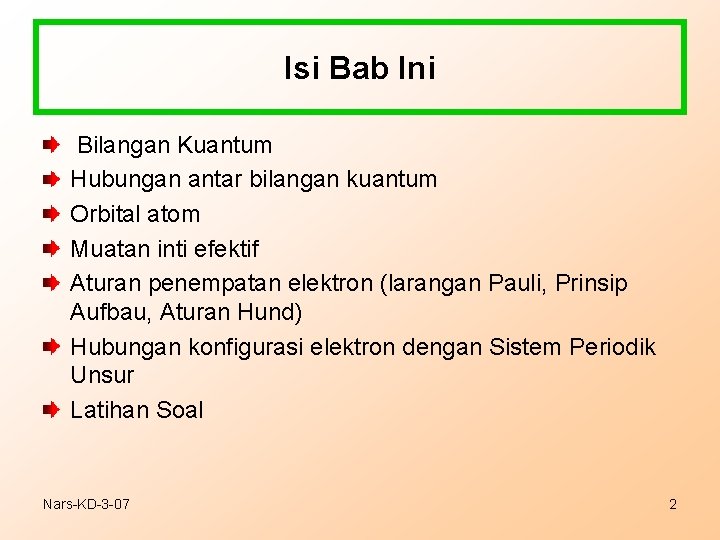 Isi Bab Ini Bilangan Kuantum Hubungan antar bilangan kuantum Orbital atom Muatan inti efektif
