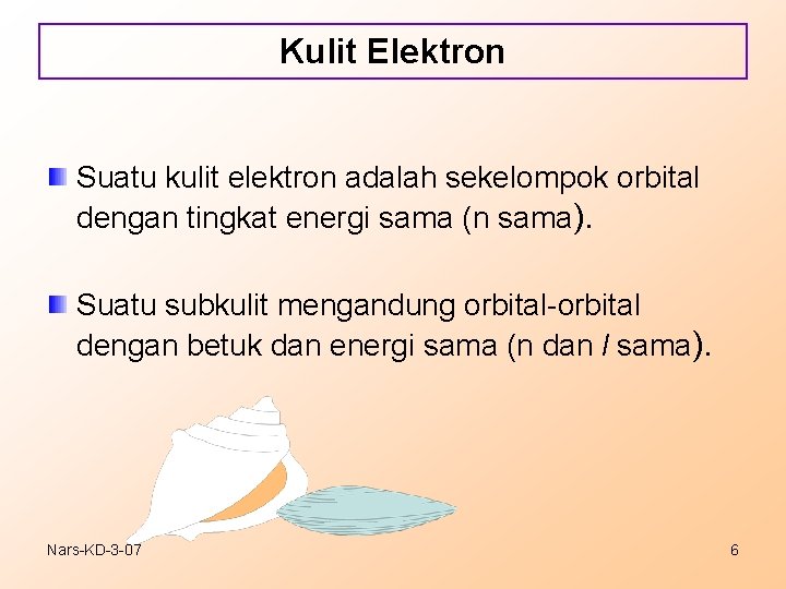 Kulit Elektron Suatu kulit elektron adalah sekelompok orbital dengan tingkat energi sama (n sama).