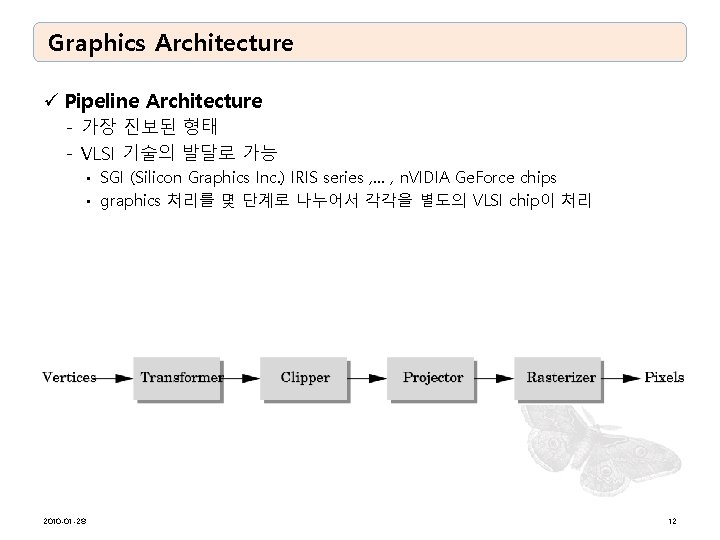 Graphics Architecture ü Pipeline Architecture - 가장 진보된 형태 - VLSI 기술의 발달로 가능