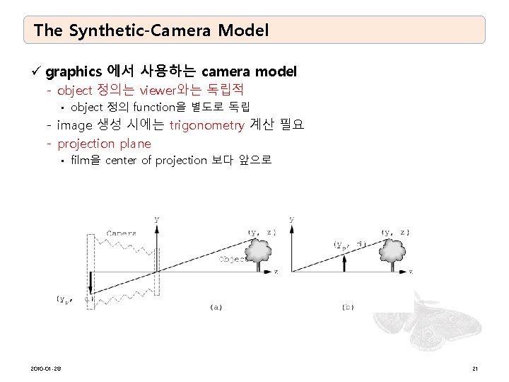 The Synthetic-Camera Model ü graphics 에서 사용하는 camera model - object 정의는 viewer와는 독립적