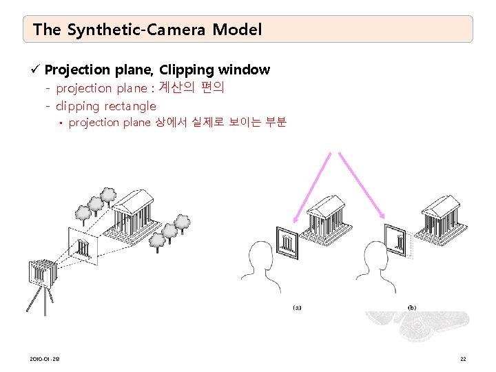 The Synthetic-Camera Model ü Projection plane, Clipping window - projection plane : 계산의 편의