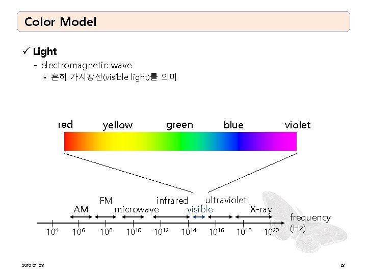 Color Model ü Light - electromagnetic wave • 흔히 가시광선(visible light)를 의미 red yellow